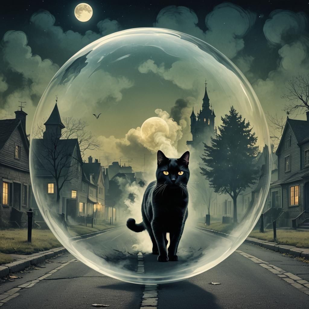 Black Cat Crossing Smoky Street in Moonlit Field