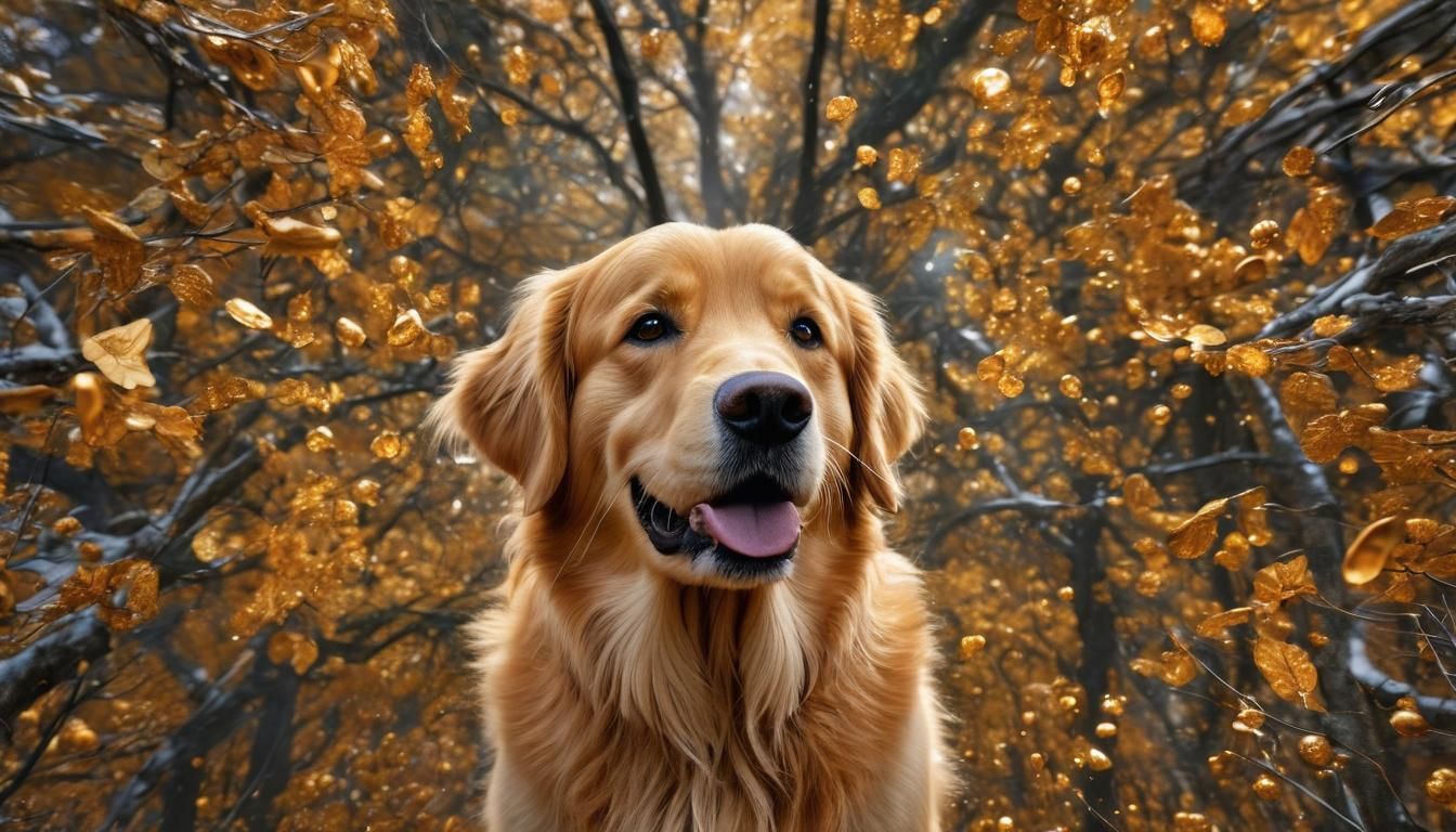 Mystical Golden Retriever in Hyperrealistic Golden Forest
