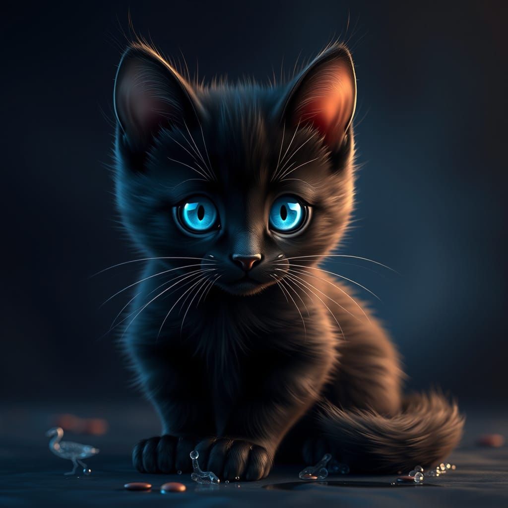 Fanciful Black Cat Perched in Whimsical Landscape