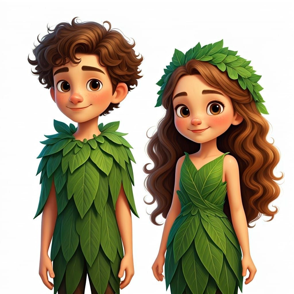 Teenage Friends in Whimsical Leafy Attire, Pixar-Style