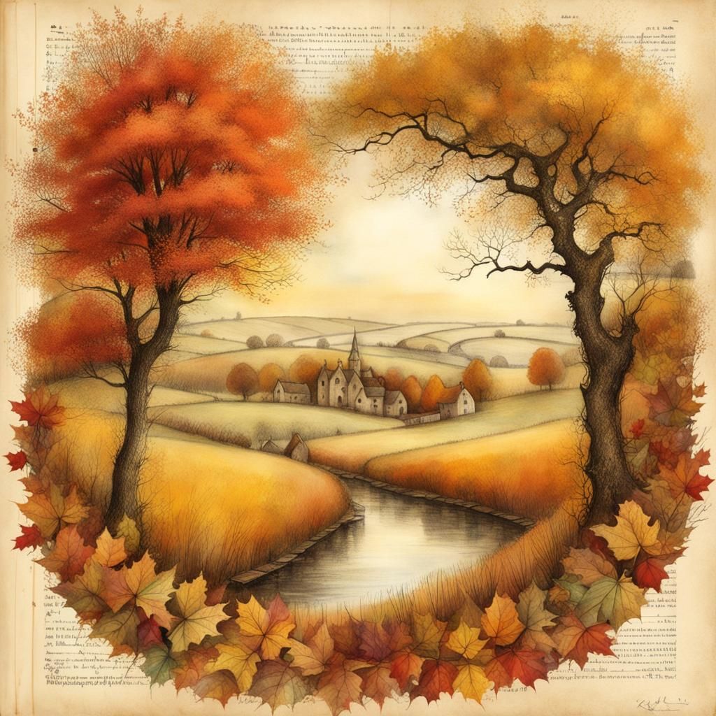 The Cotswolds Autumn Scene in Sketchbook Style
