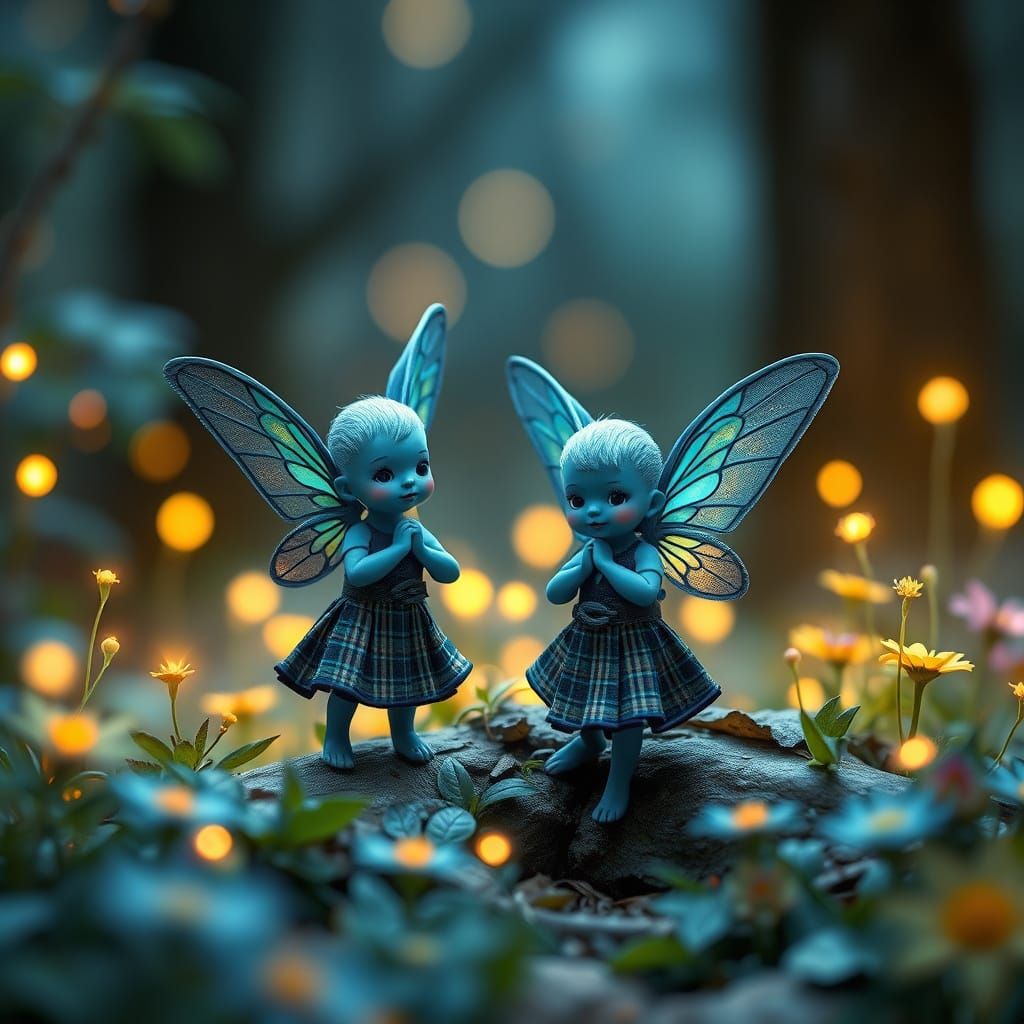 Whimsical Tiny Blue Pixies in Tartan Kilts Amidst a Mystical...