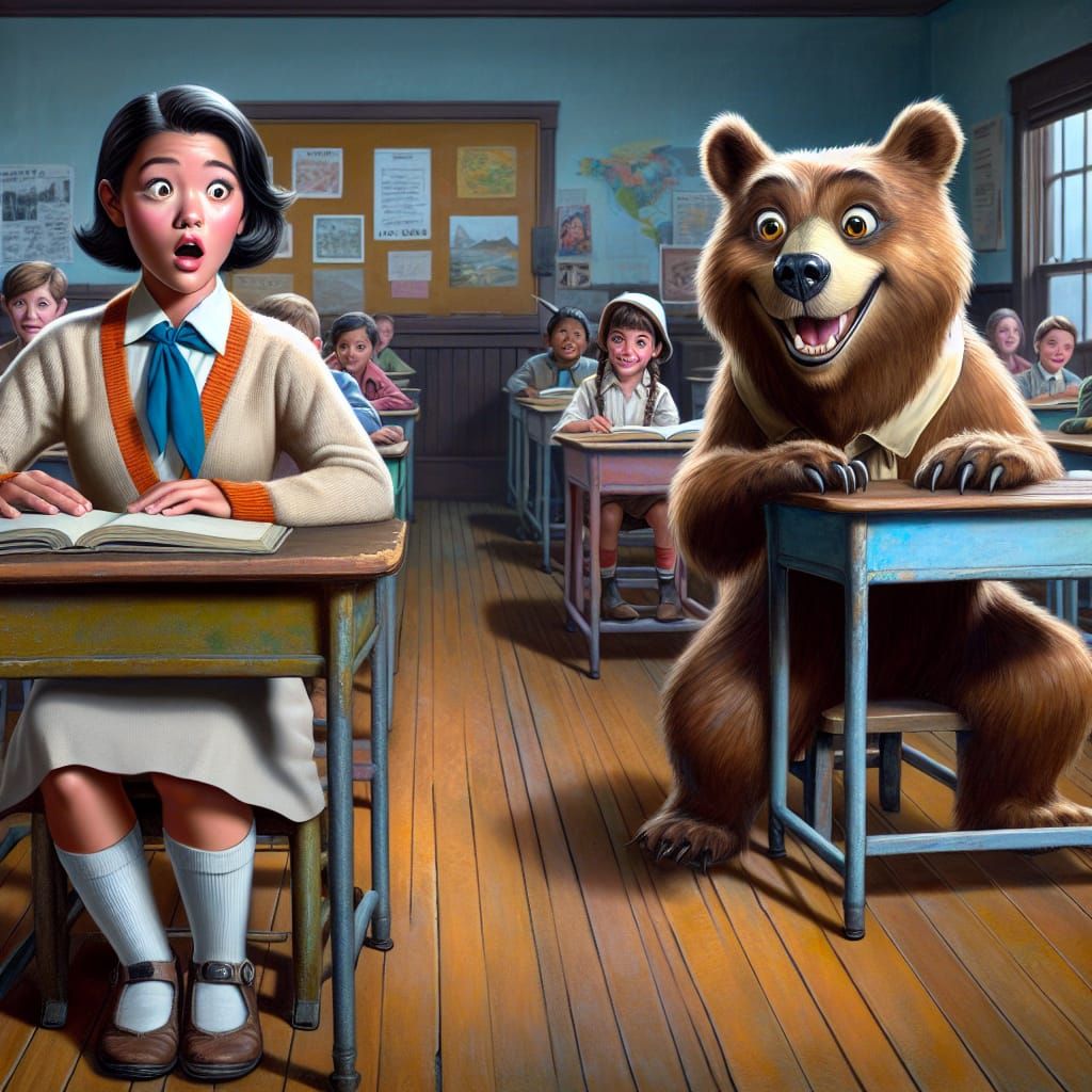 Native American Student's Surprise: Bear in Classroom
