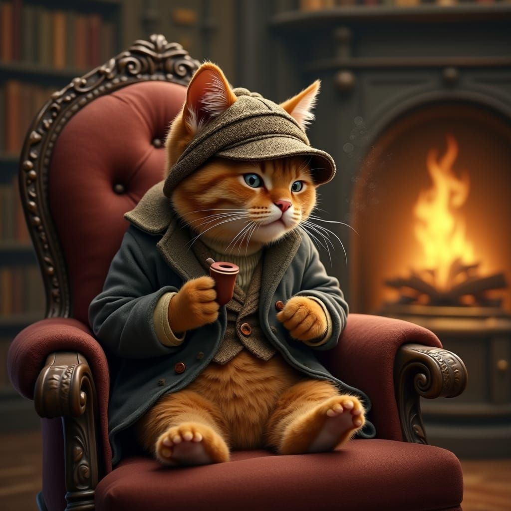 A ginger cat wearing a tiny Sherlock Holmes hat and smoking a pipe