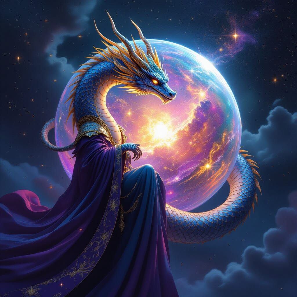 Celestial Dragon Coils Around Crystalline Planet in Cosmic A...