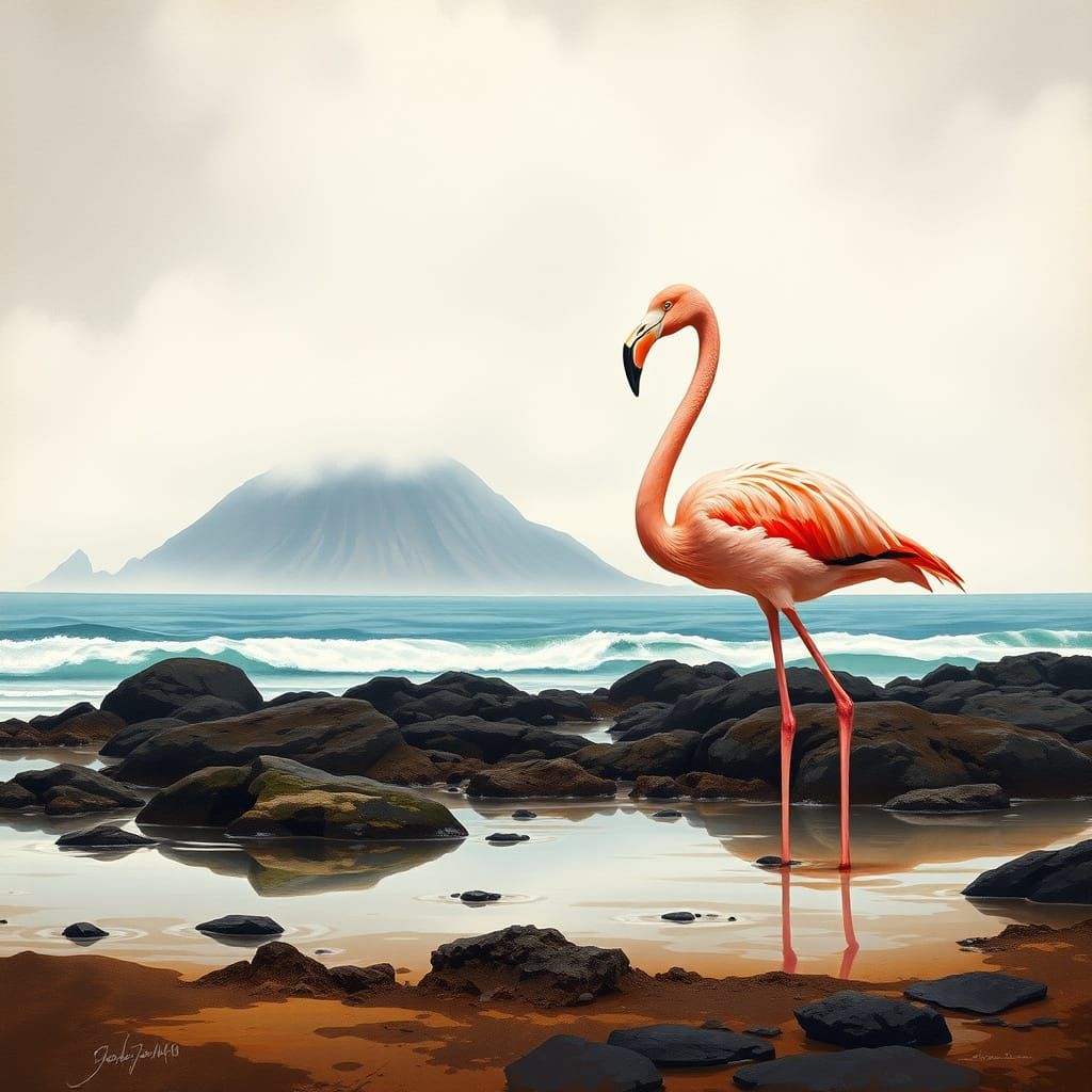 American Flamingo Arrives in Galapagos, Victorian Gouache Ar...