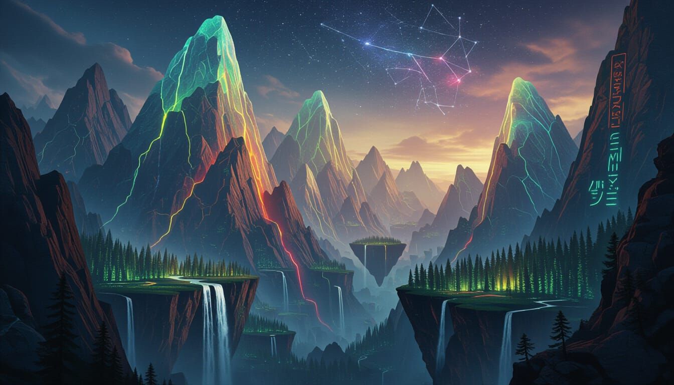 Surreal Mountain Landscape with Neon Rivers and Dwarven Rune...