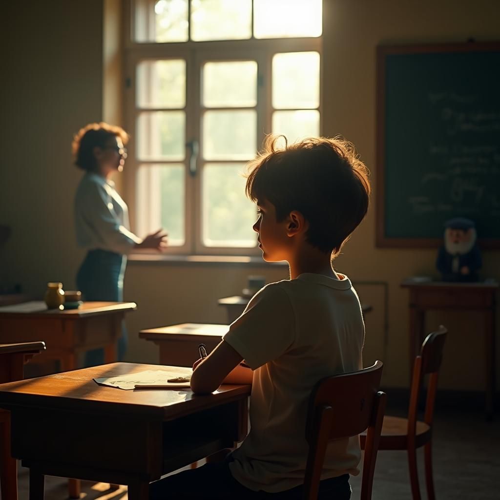 Childhood Daydream in a Rustic Classroom