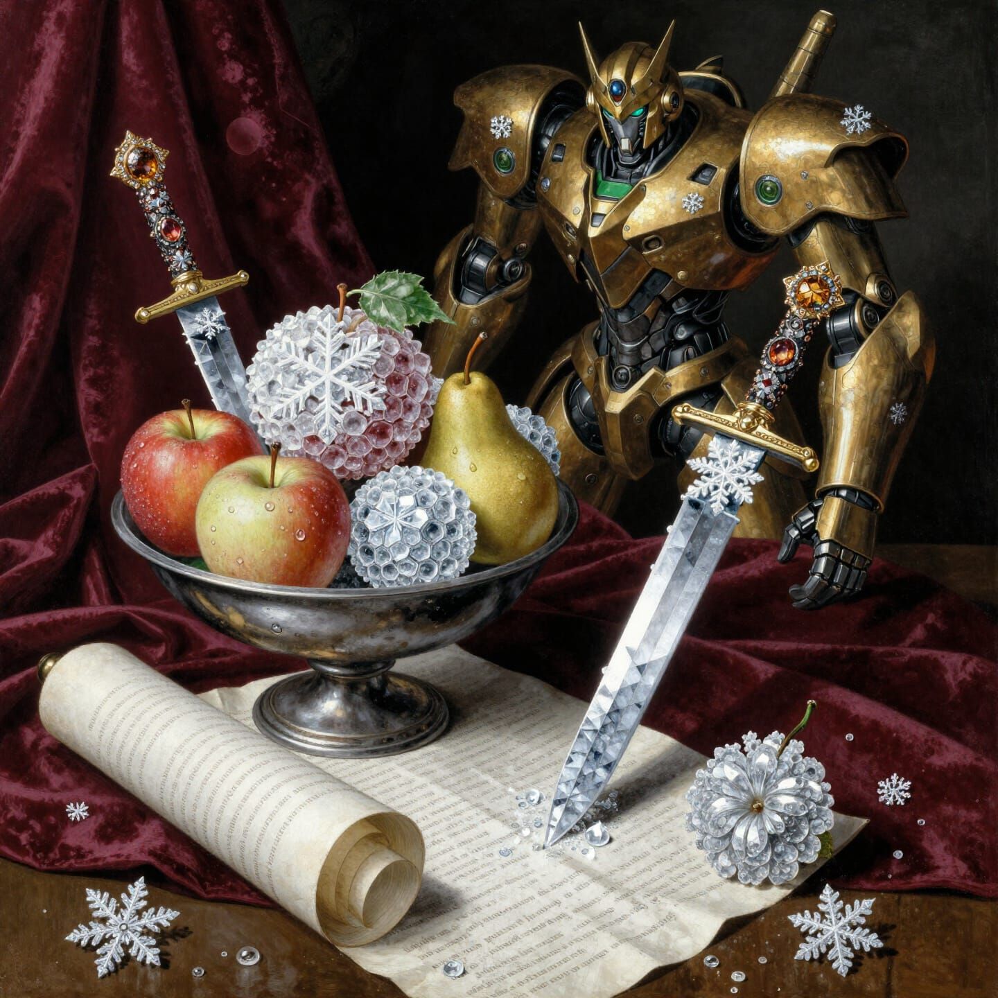 Cyberpunk Mecha Robot with Snowflake Fruit Arrangement