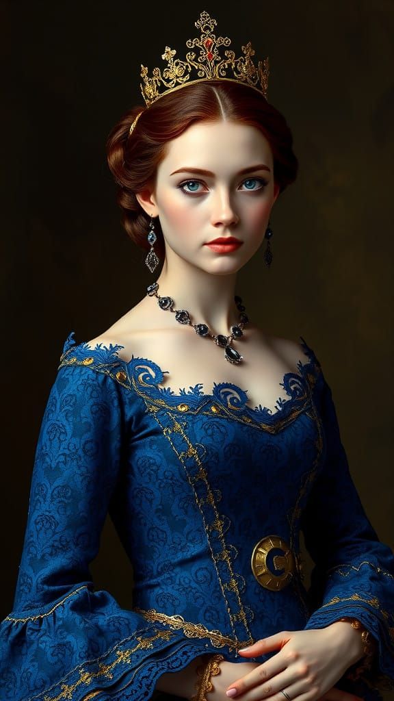Regal Princess in Royal Blue Lace Gown, Old Master Hyper-Rea...