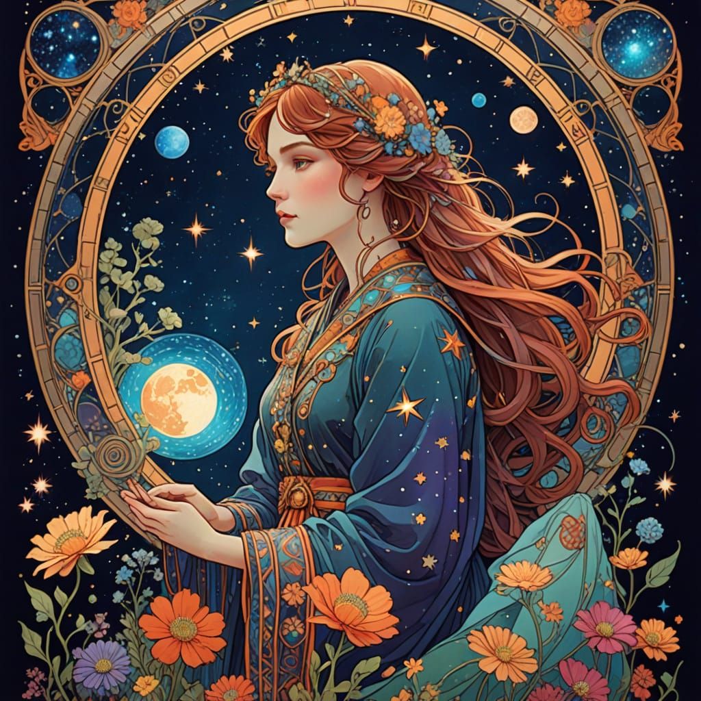 Celestial Seamstress Weaving Starlight Tapestries: Art Nouve...