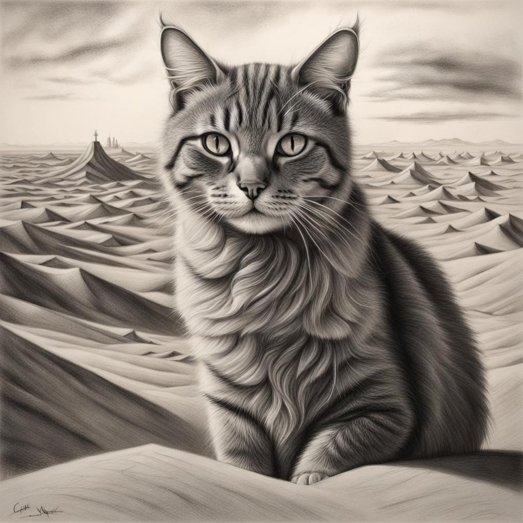 Hyperdetailed Charcoal Drawing of Cat in Desert