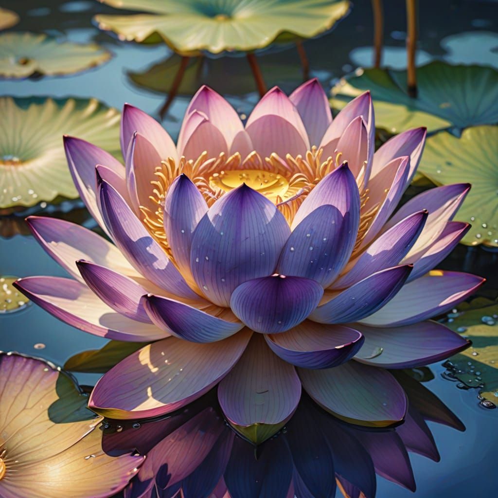 Romantic Watercolor Lotus Flower with Shimmering Reflections