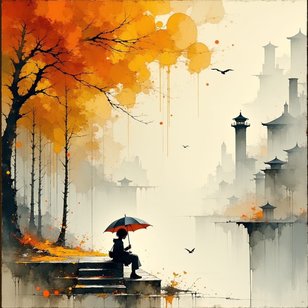 Child with Umbrella on Rainy Autumn Day in City