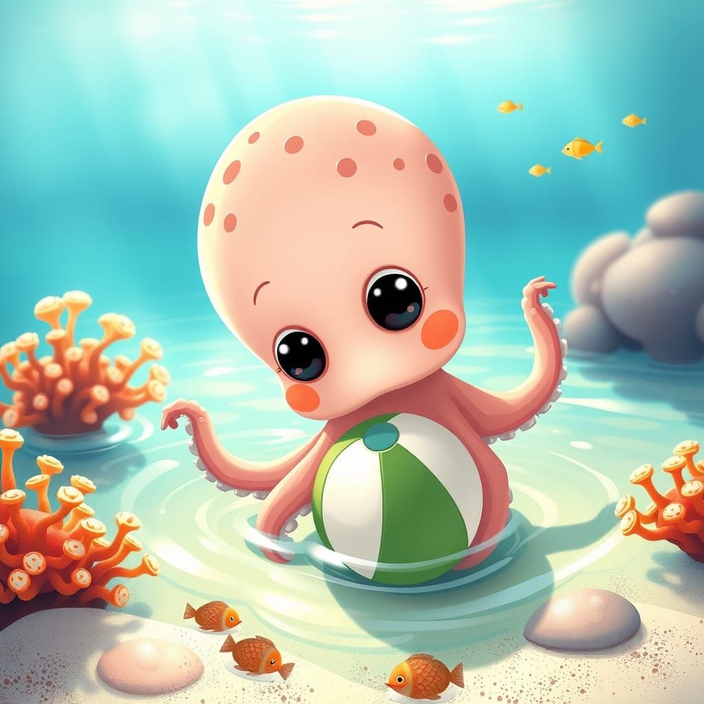 Whimsical Octopus Plays with Beach Ball in Sunlit Ocean Pool