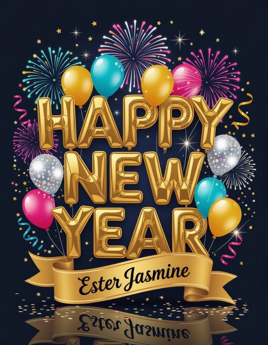 Happy New Year Gold Text with Festive Balloons