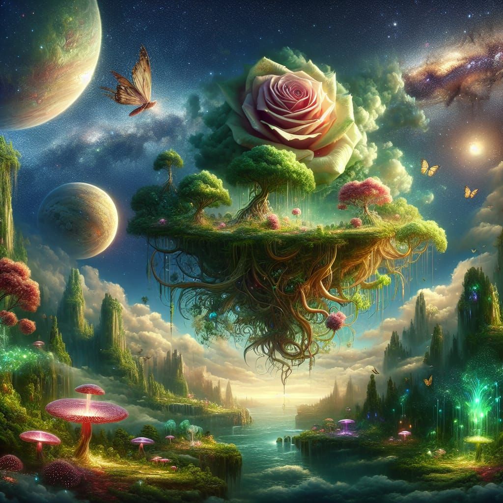Ethereal Floating Island with Blooming Rose in Vibrant Fanta...