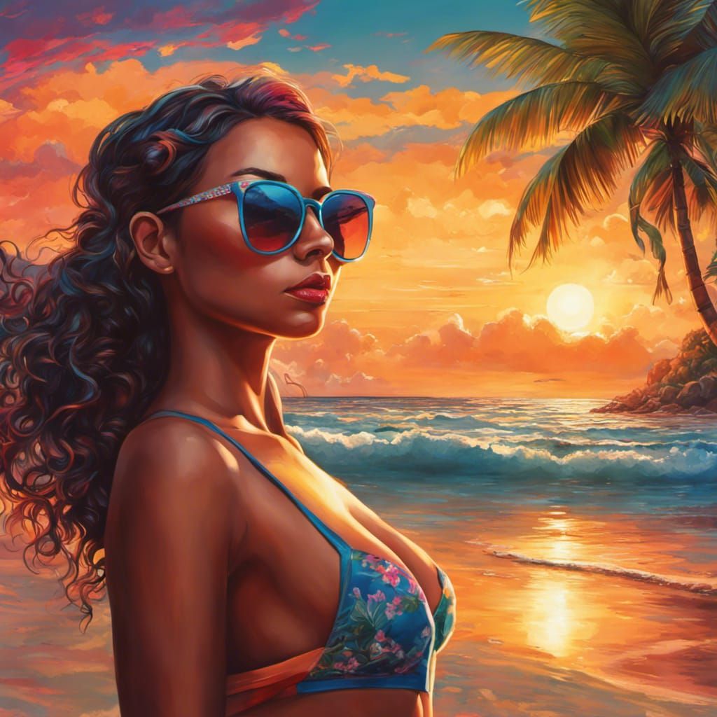 Girl in Swimsuit on Tropical Beach at Sunset