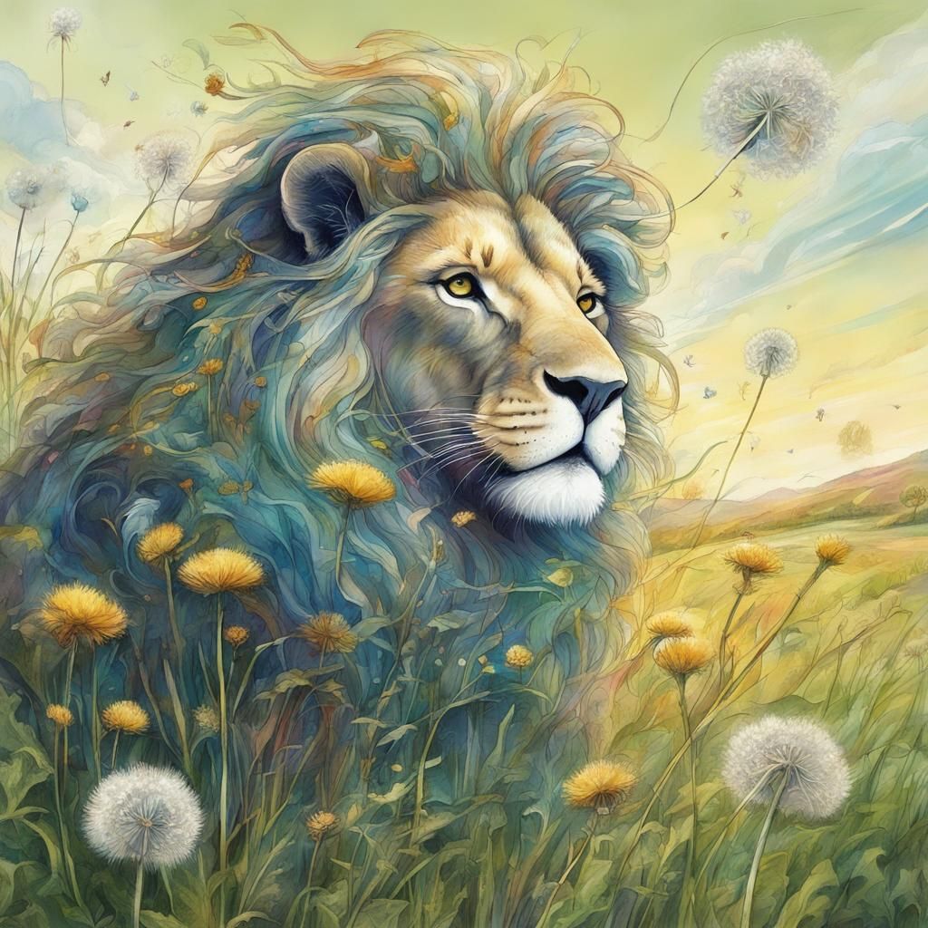 Lion-Shaped Dandelion Blooms in a Vibrant Meadow