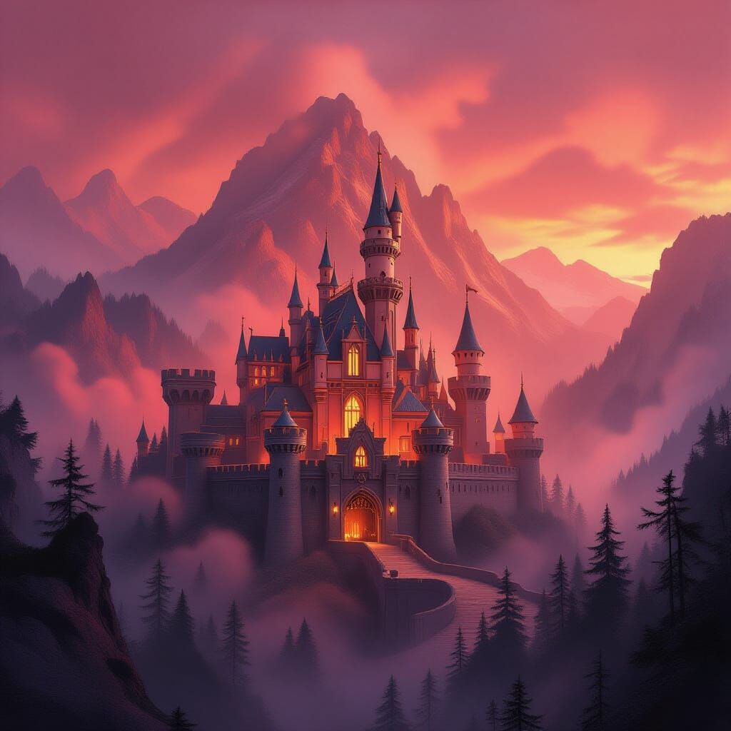 Enchanted Castle Shrouded in Mystical Red Mist