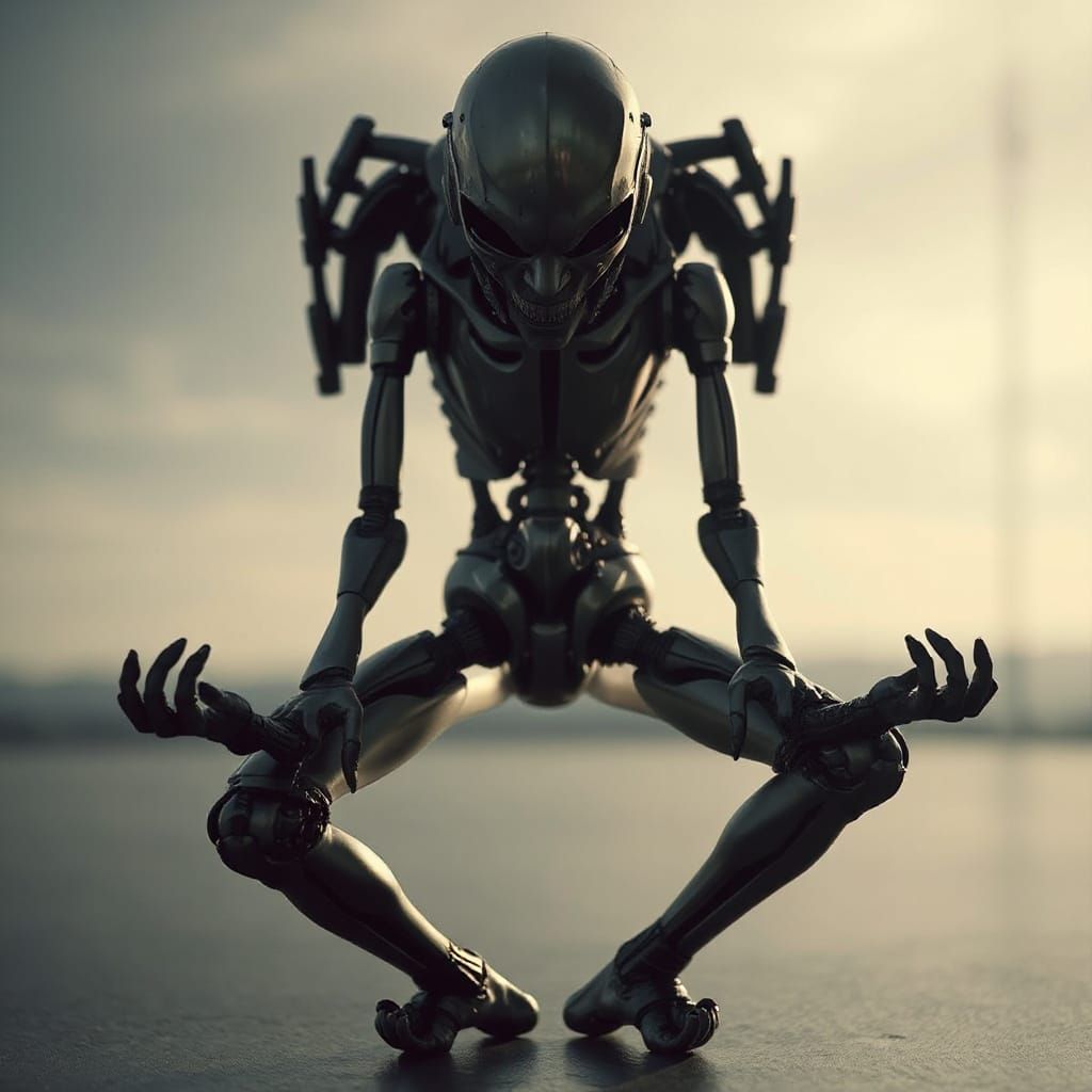 Surreal Biomechanical Yoga Poses in Silver Steel