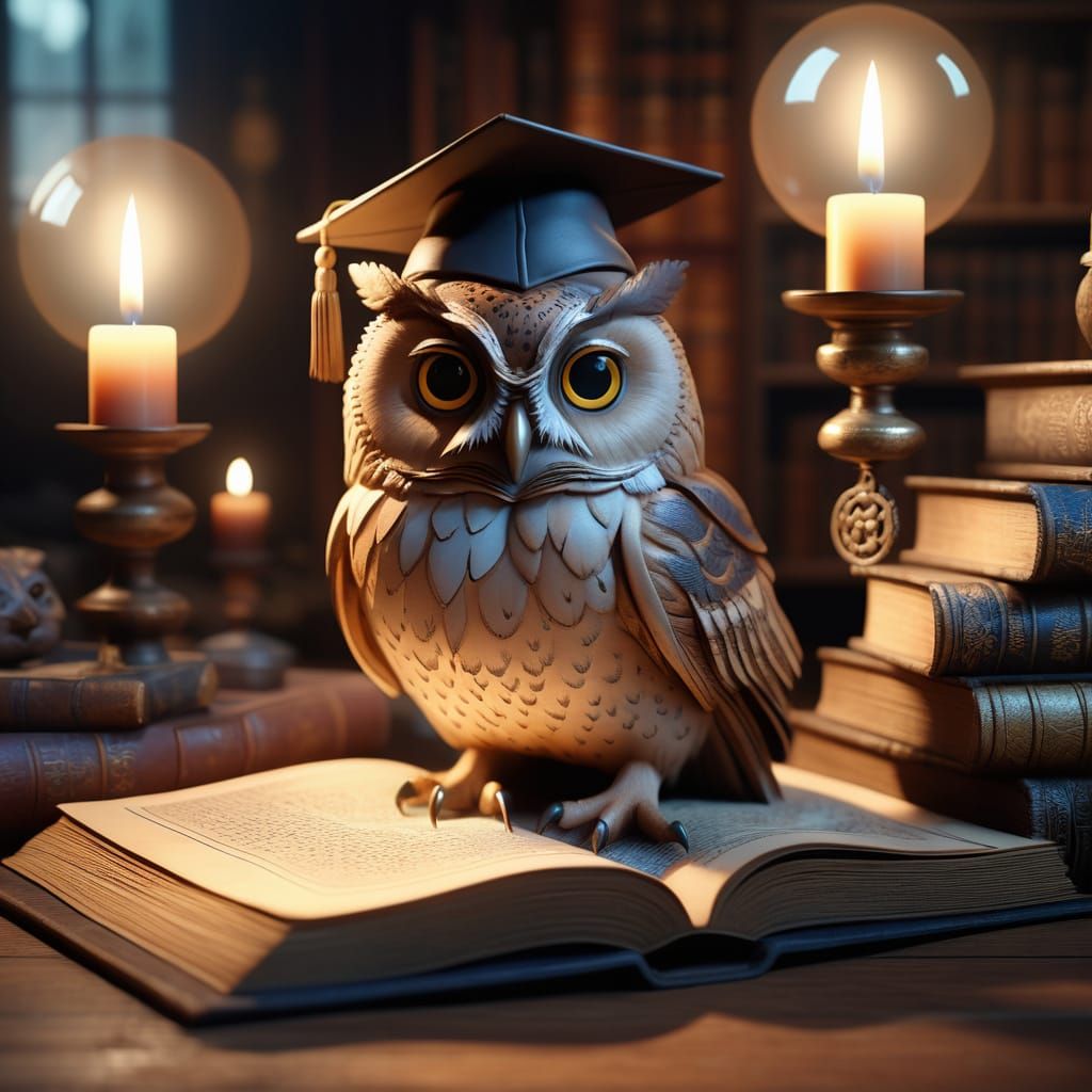 The wise old professor owl. By artist "anime", 3d anime art, inspired by WLOP, Artstation, #genshinimpact pixiv, extreme...