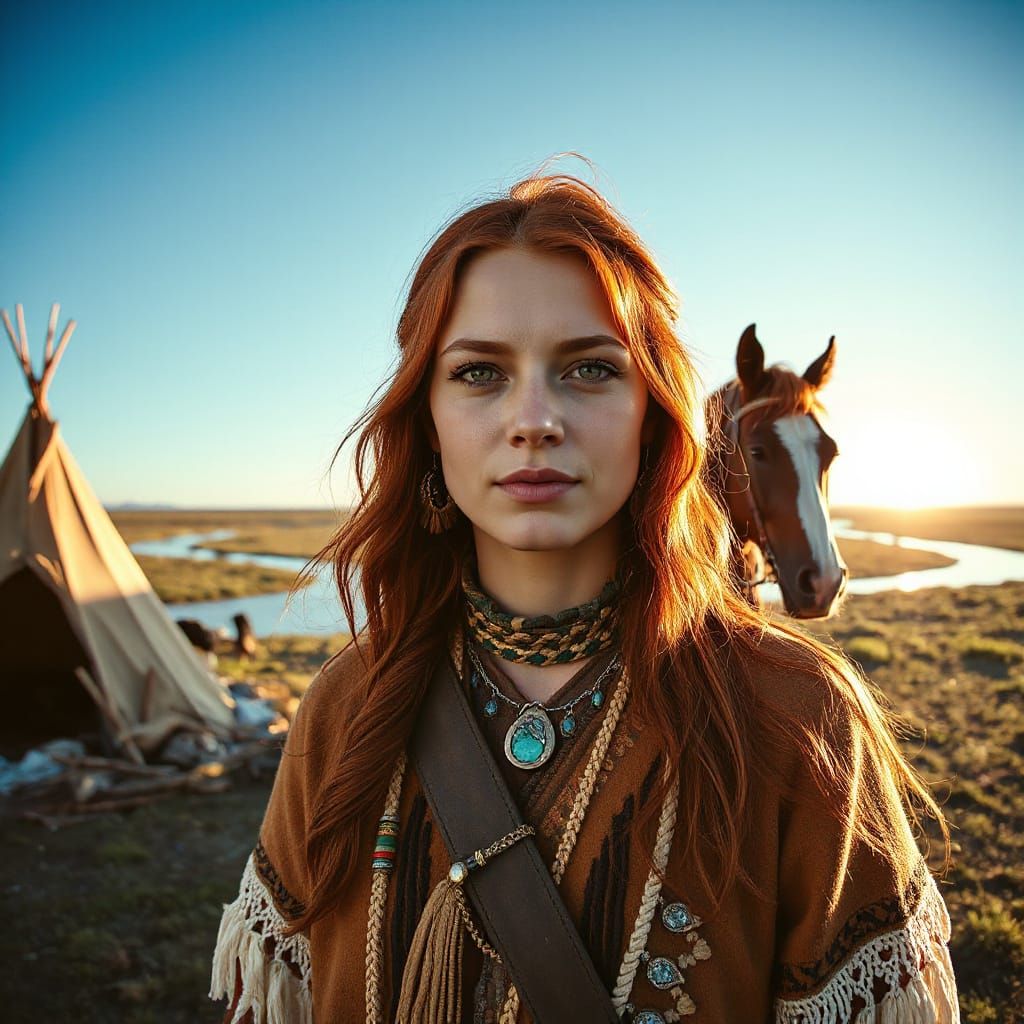 Native American Woman in Serene Teepee Landscape