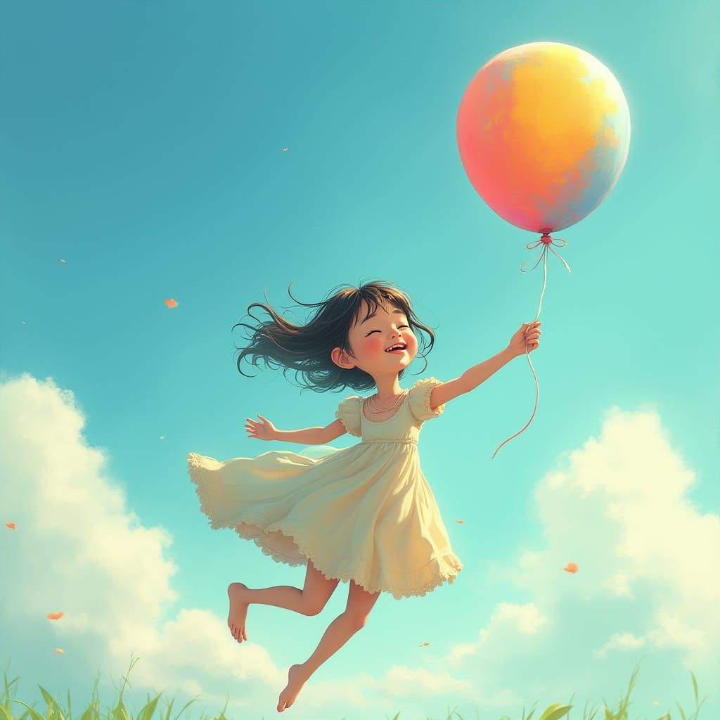 Girl with Balloon Floating Skyward in Whimsical Style