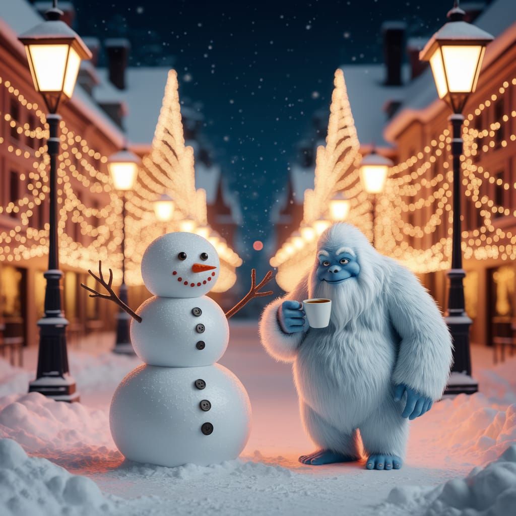 Yeti Drinks Coffee in Winter Wonderland