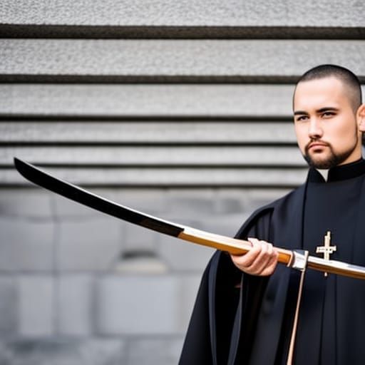 Samurai Catholic Priest with Katana in City