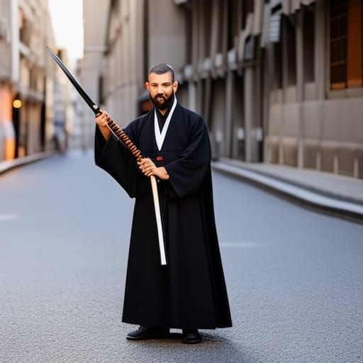 Samurai Catholic Priest with Katana: Realistic Photo