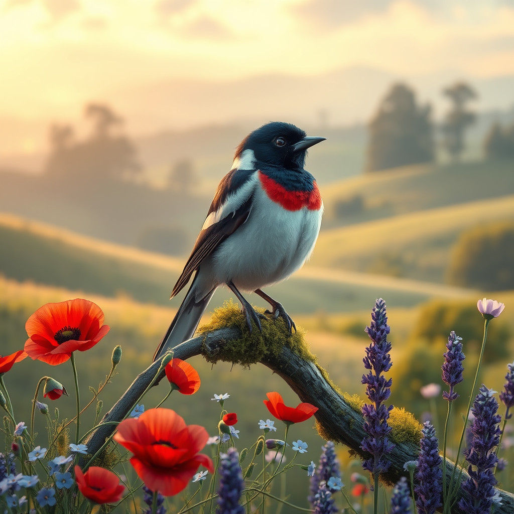 Magpie in Wildflower Tapestry, Naturalistic Illustration
