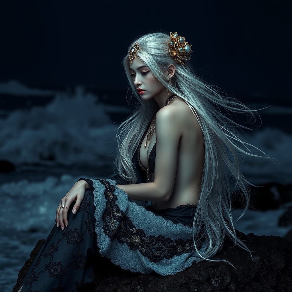 Mysterious Chinese Witch in Stormy Seas, Photorealistic Port...