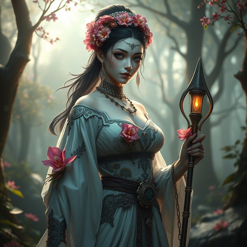 A captivating fantasy illustration features a mystical warrior with porcelain skin and floral accents, set against an en...