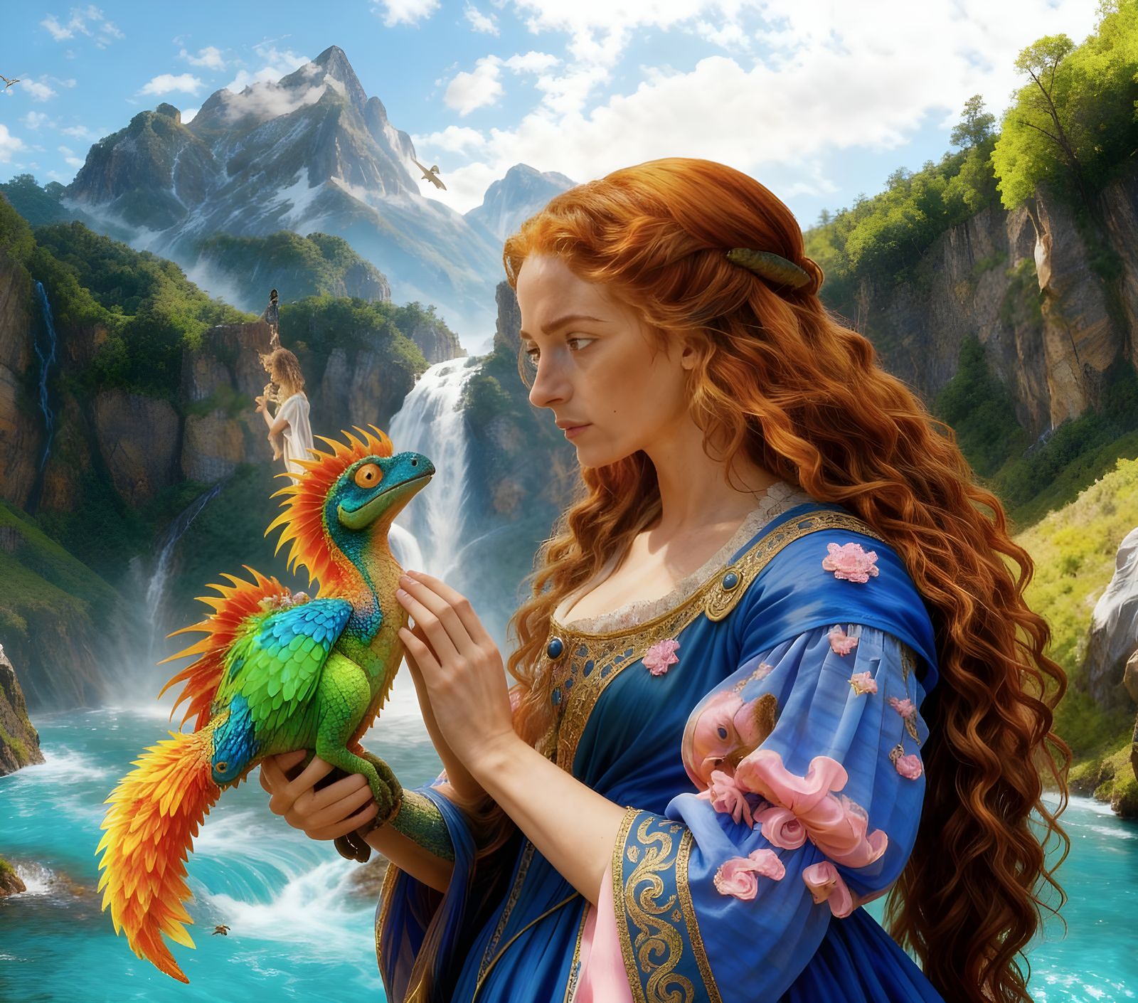 Woman Cradles Flying Dinosaur Pet Near Waterfall