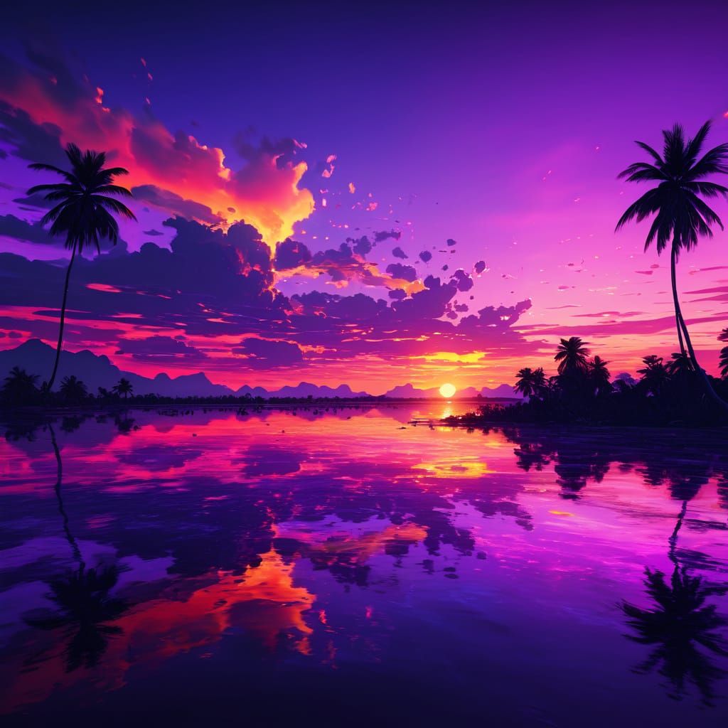 Neon Sunset Over Lagoon in Vivid Digital Art
