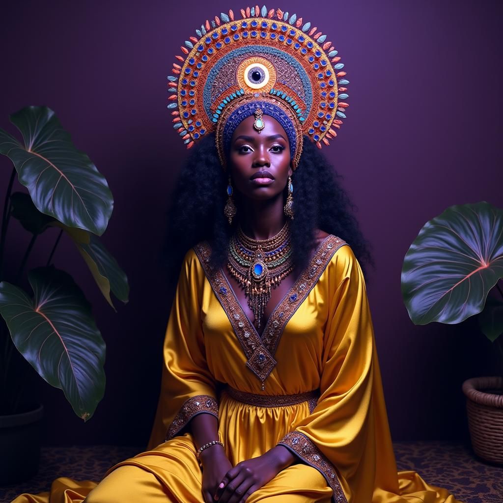 Majestic Black Goddess with Third Eye in Mystical Setting