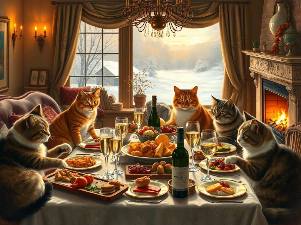 Feline Family Enjoying a Cozy Dinner