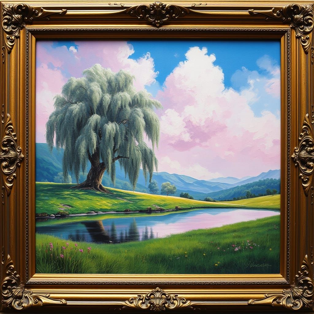 Photorealistic Oil Painting of Willow Tree Landscape