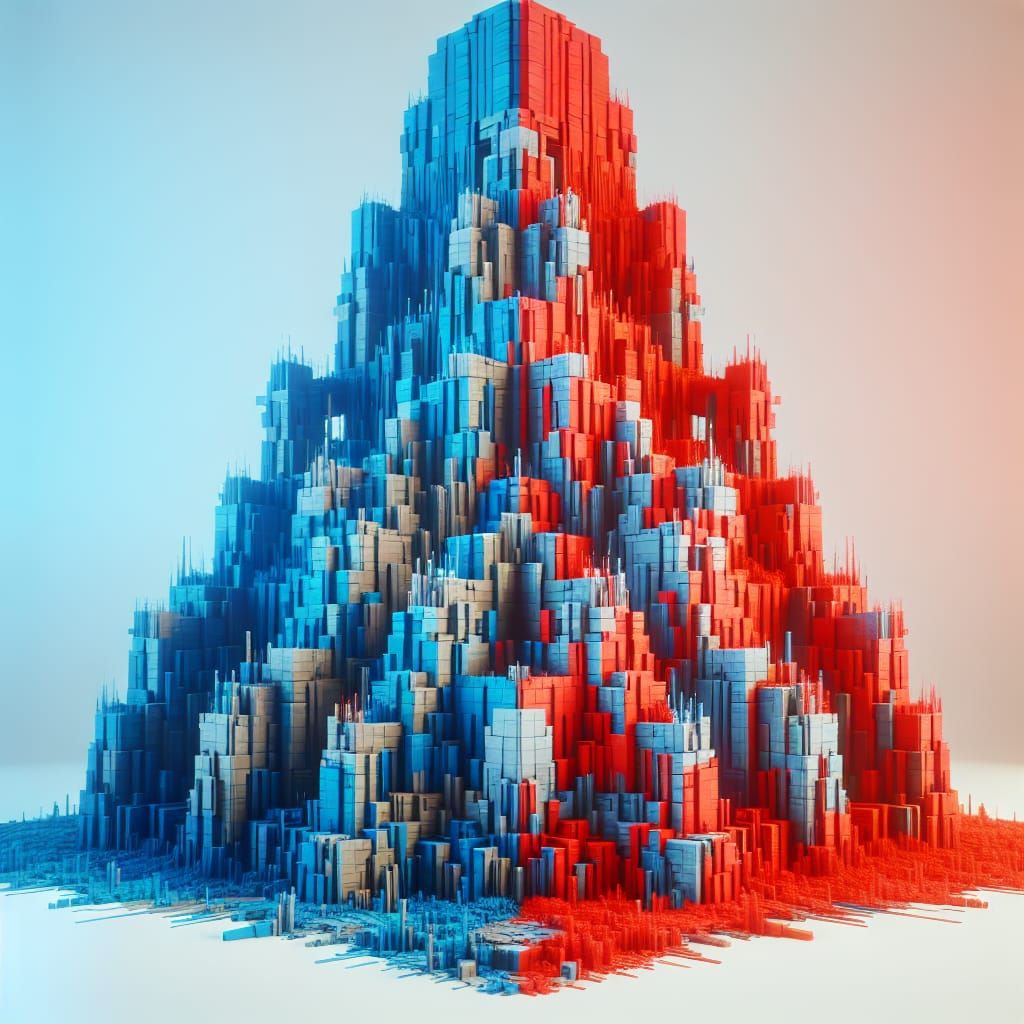 Blue and Red Block Tower Rises High on White Background