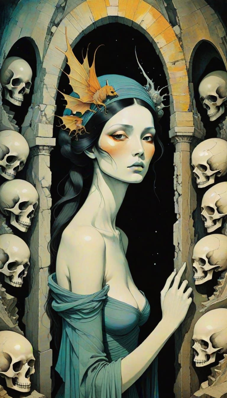 Crumbling Ancient catacombs chiaroscuro whispers—mysterious abstract tarot cards, realism. A wandering alchemist. Conrad...