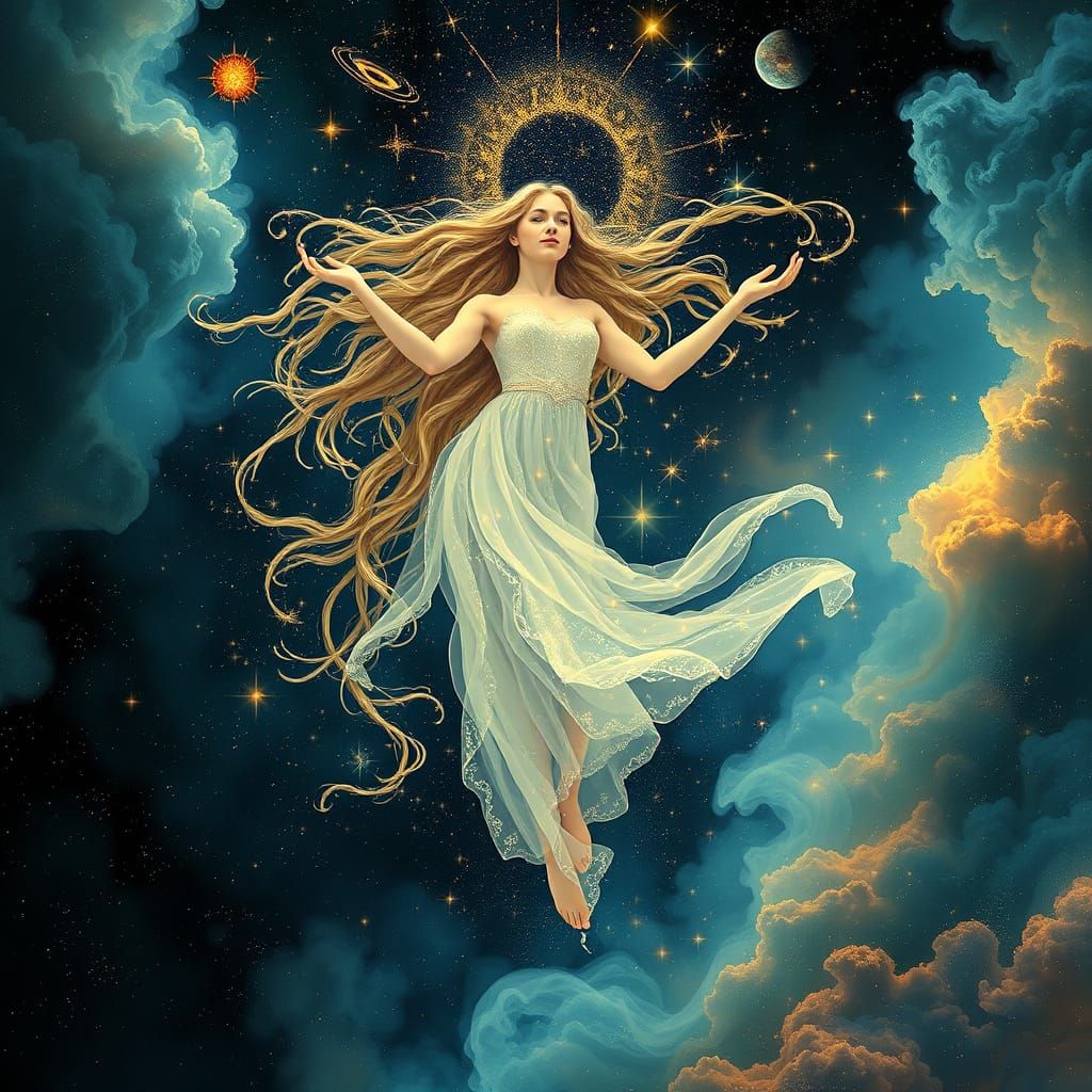 Celestial Goddess in Nebula, Art Nouveau Style