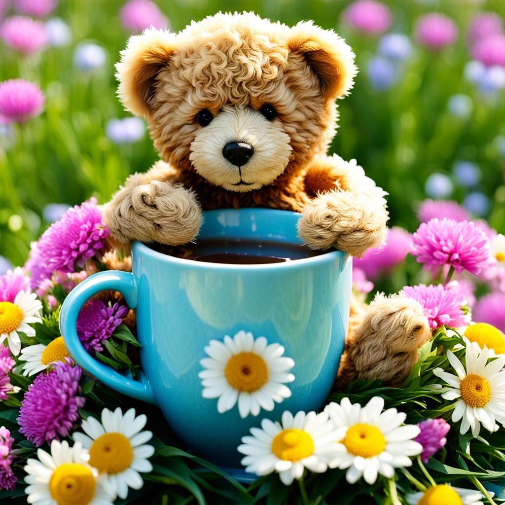 Teddy Bear in Flowers on a Cup