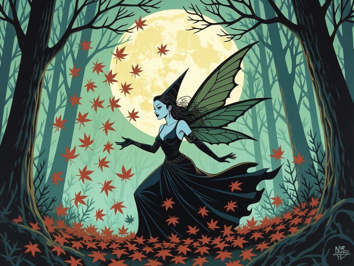 Gothic Thai Fairy Conjuring a Dark Forest Whirlwind