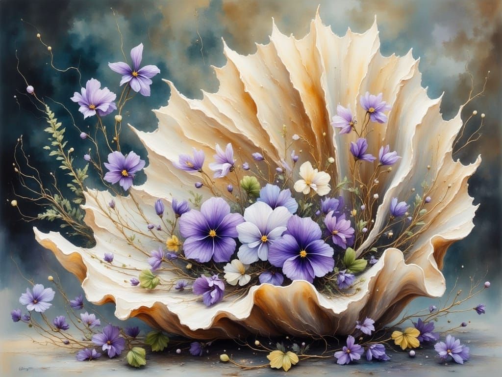 Surreal Seashell Bouquet in Watercolor Style