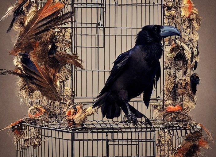 Raven on Cage: Detailed Digital Bird Portrait