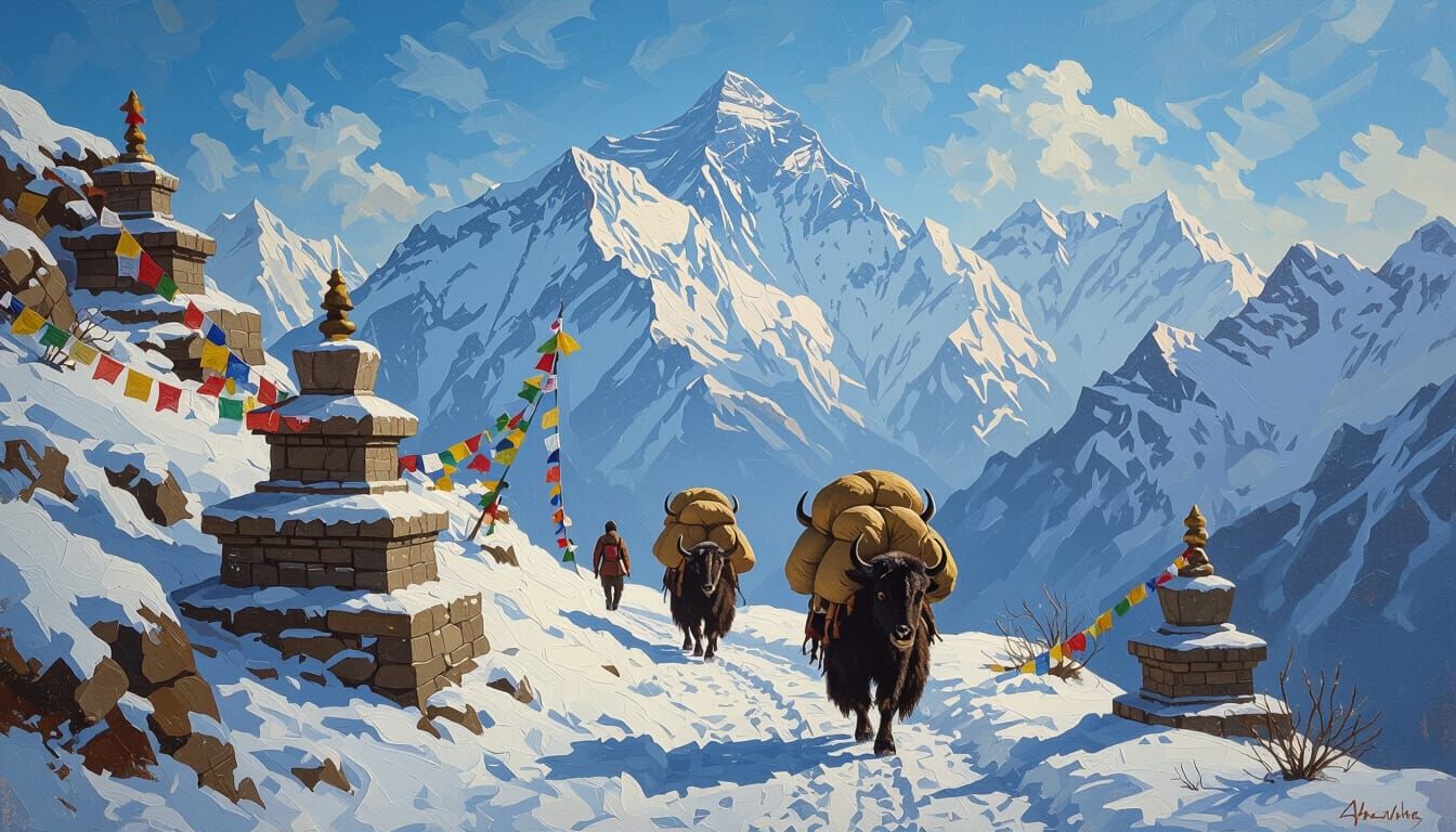 Himalayan Yak Train Ascends Everest Trail in Oil Painting St...