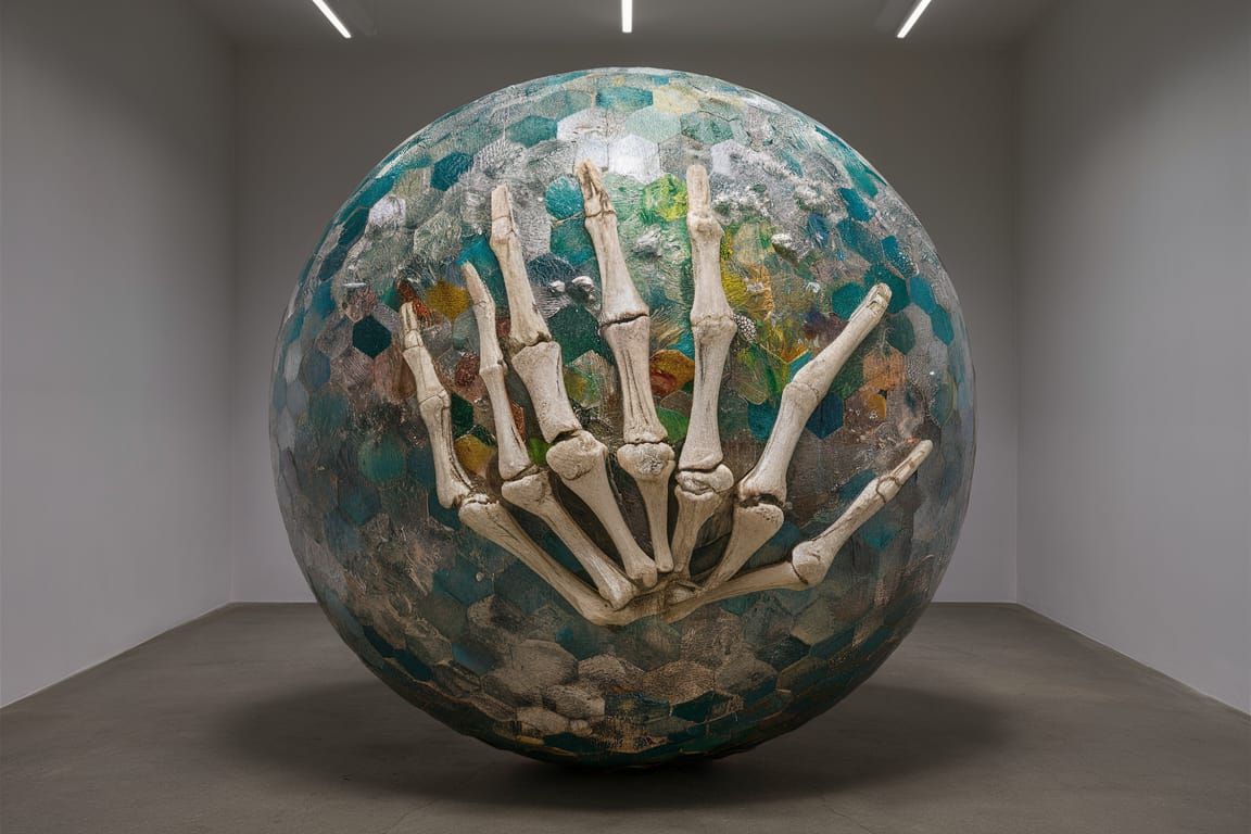 Bone Fingers Bursting Heart Balloon in Grisaille