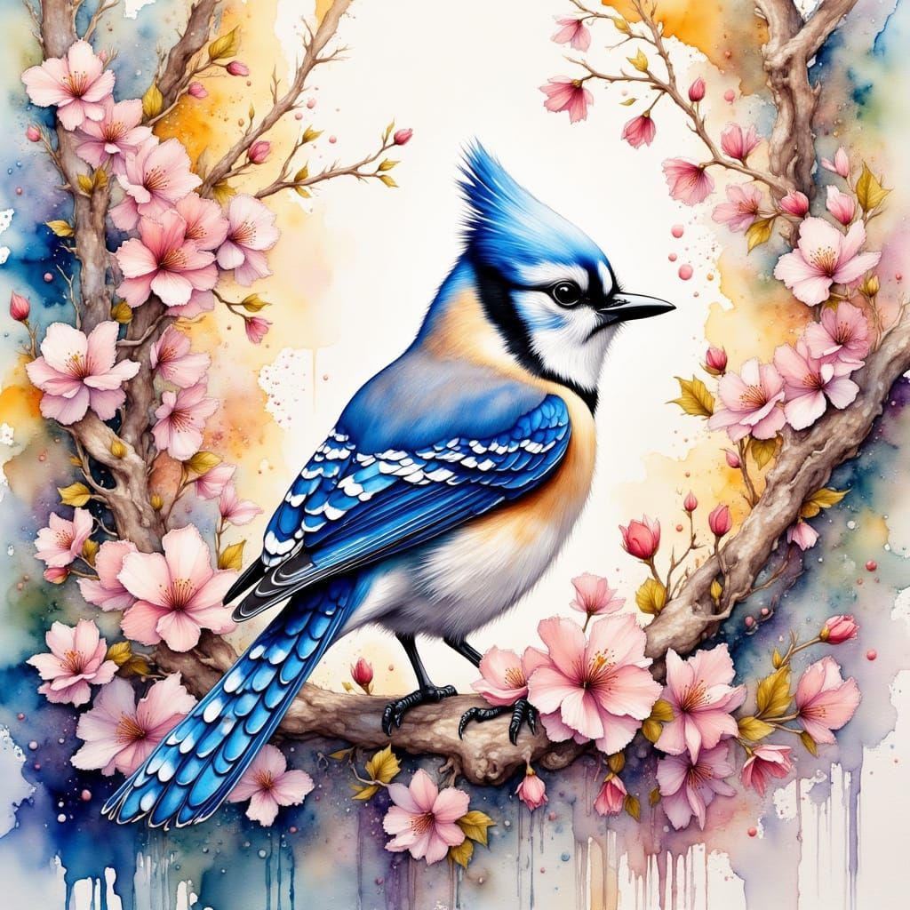 Blue Jay in Tree: Watercolor Impressionist Painting