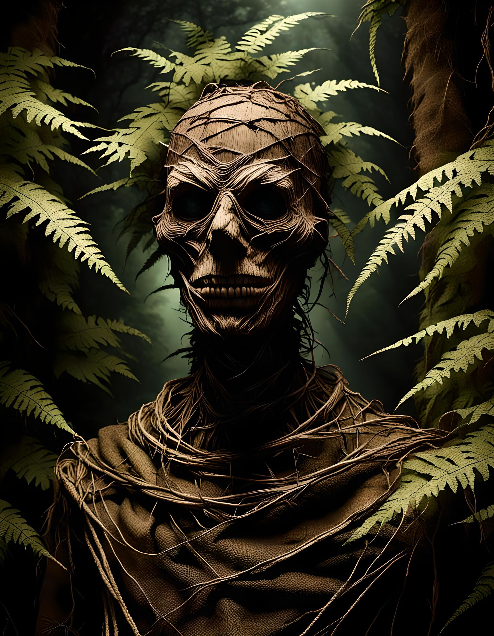 Surreal Scarecrow Portrait in Dark Forest
